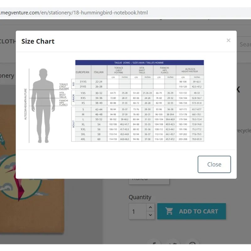 Size Chart Module for Prestashop