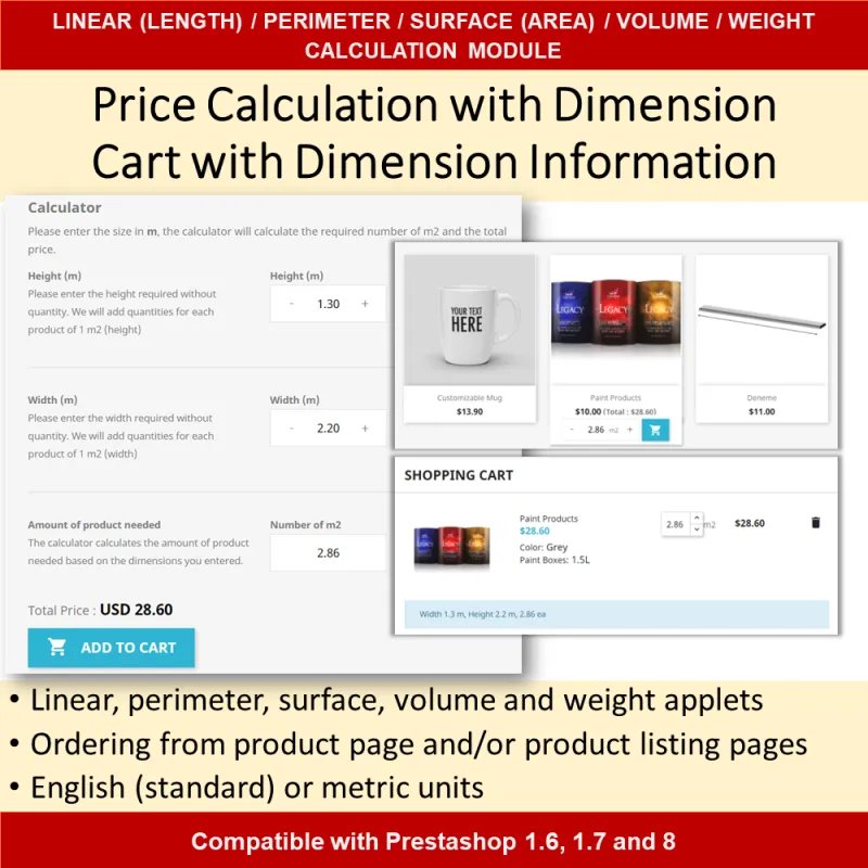 Price by Surface (Area) / Volume / Linear / Perimeter / Weight Dimension Module